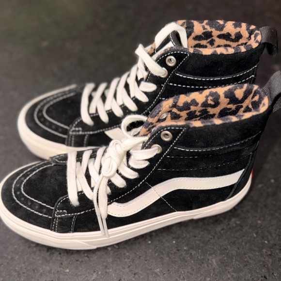 NEW VANS Sk8-Hi MTE BLACK SUEDE WHITE LEOPARD PRINT HIGH TOP SNEAKERS SZ 8 - Picture 6 of 11